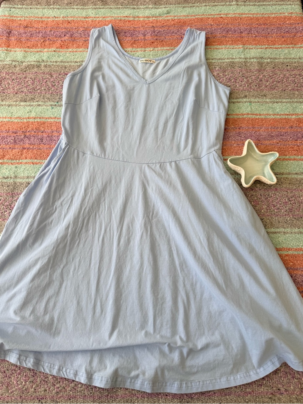 HUHOT XXL Light Blue Sleeveless Swing Dress Pockets Casual Midi